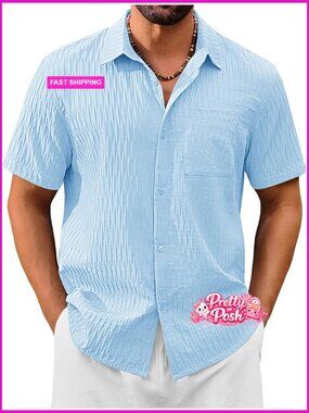 Textured Polyester Short Sleeve Button Down Shirt with Pocket